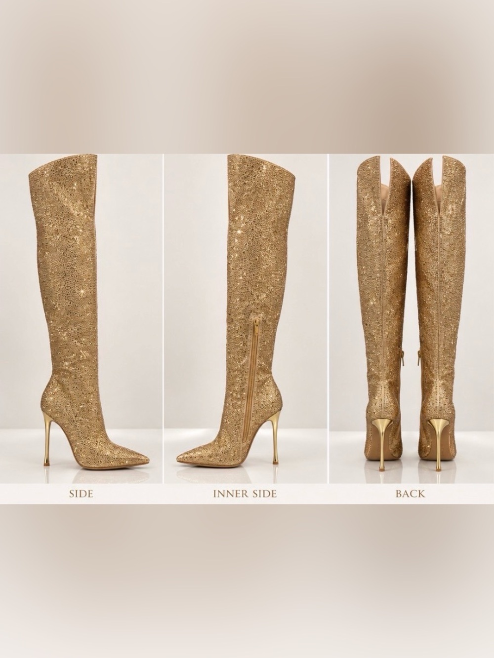Gold Crystal Knee-High Stiletto Boots - Women's Fashion
